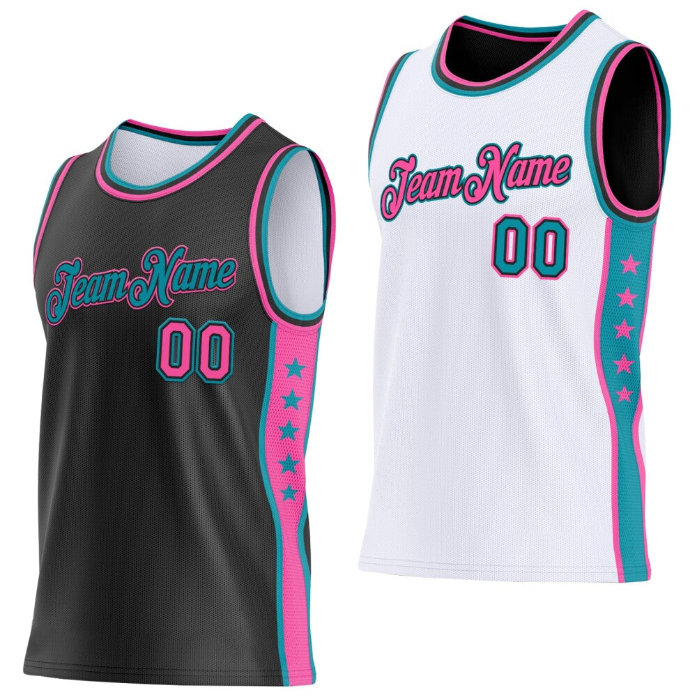 Custom Reversible Black Pink-Teal Double Side Star Sublimation Basketball Set Jersey