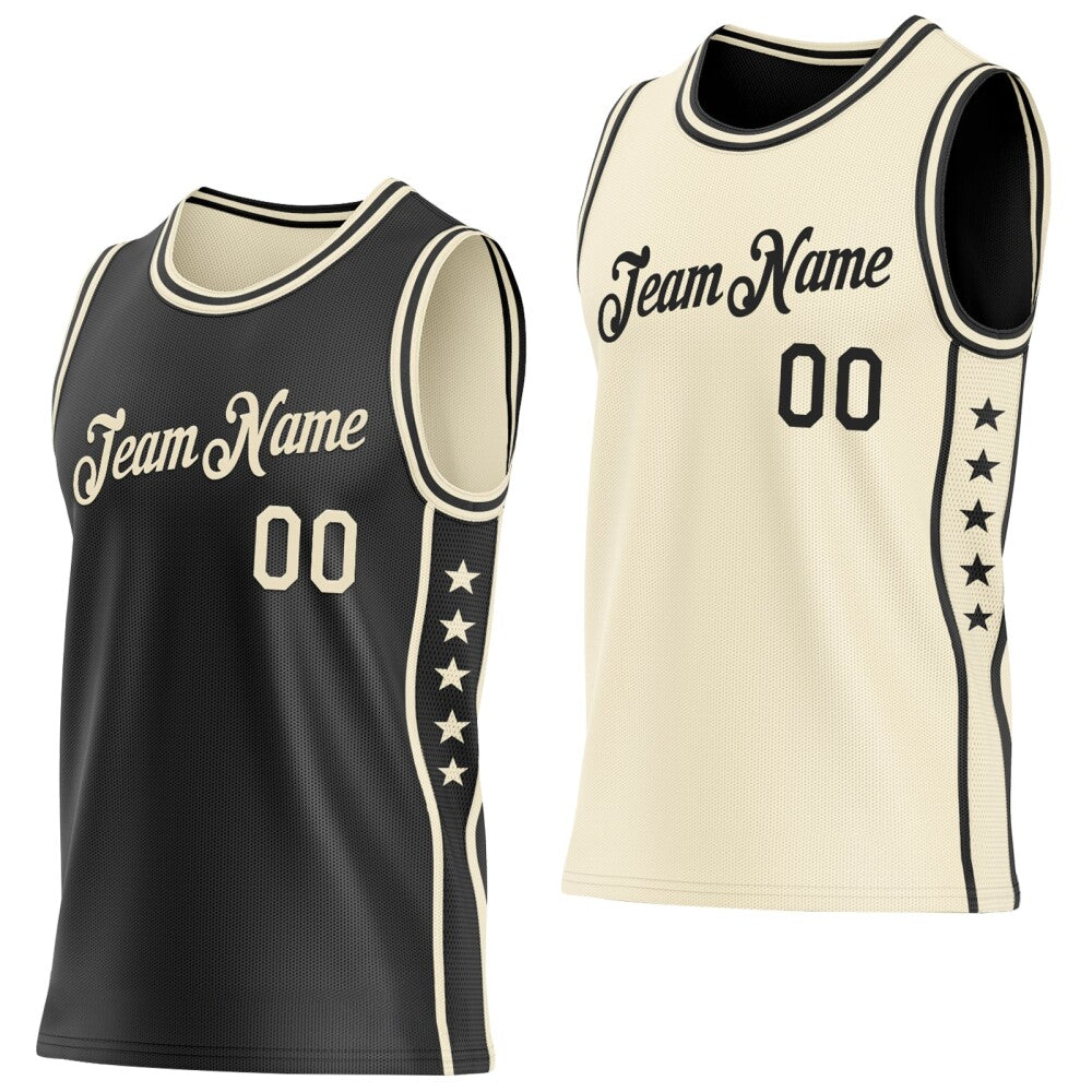 Custom Reversible Black Cream Double Side Star Sublimation Basketball Set Jersey