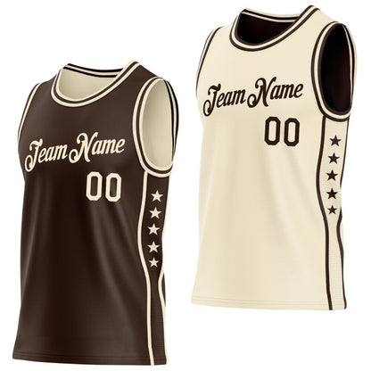 Custom Reversible Brown Cream Double Side Star Sublimation Basketball Set Jersey