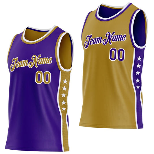 Custom Reversible Purple Old Gold-White Double Side Star Sublimation Basketball Set Jersey