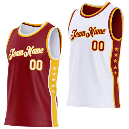 Custom Reversible Crimson White-Gold Double Side Star Sublimation Basketball Set Jersey
