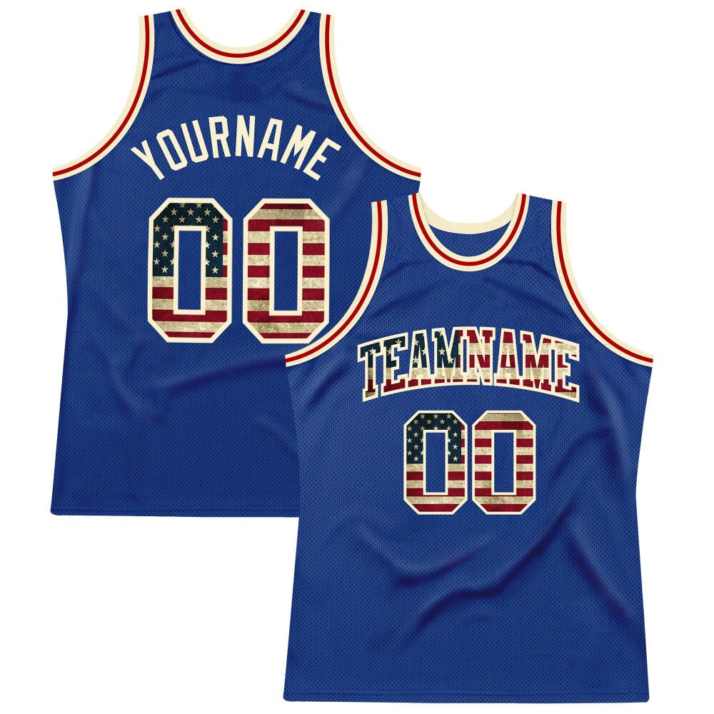Custom Royal Vintage USA Flag-Cream High-quality Throwback Basketball Jersey