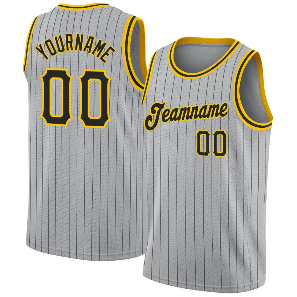 Custom Gray Black Pinstripe Black-Gold High-quality Basketball Jersey