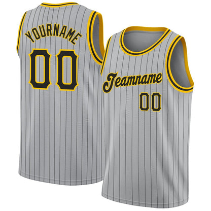 Custom Gray Black Pinstripe Black-Gold High-quality Basketball Jersey