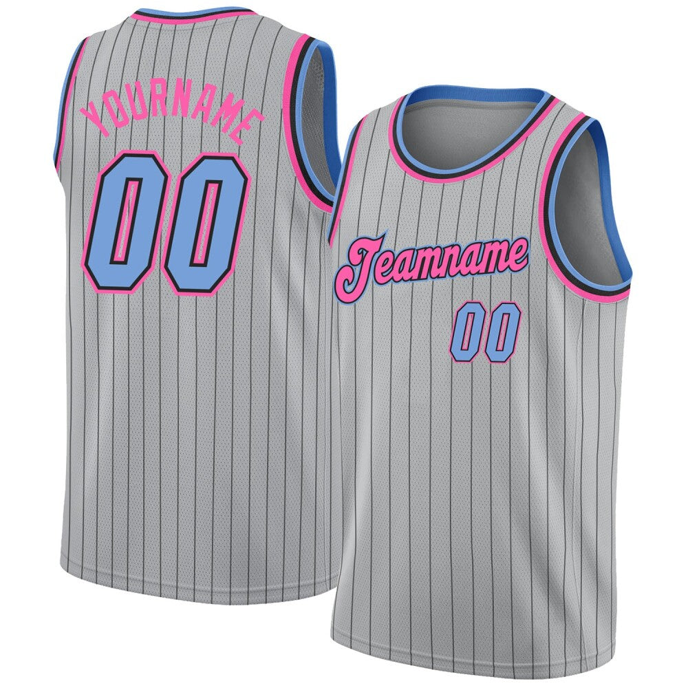 Custom Gray Black Pinstripe Light Blue-Pink High-quality Basketball Jersey