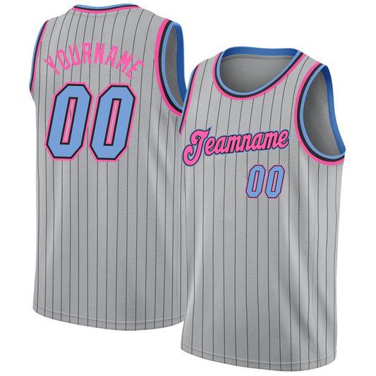 Custom Gray Black Pinstripe Light Blue-Pink High-quality Basketball Jersey
