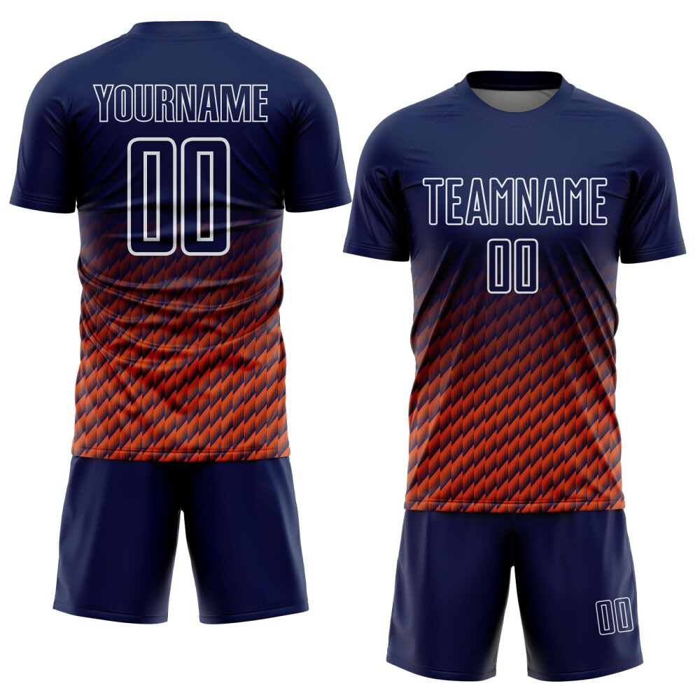 Custom Navy Orange-White Geometric Wave Gradient Sublimation Soccer Uniform Jersey