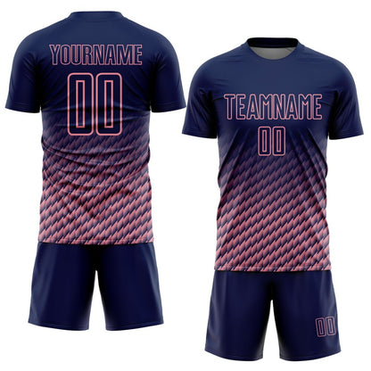 Custom Navy-Medium Pink Geometric Wave Gradient Sublimation Soccer Uniform Jersey