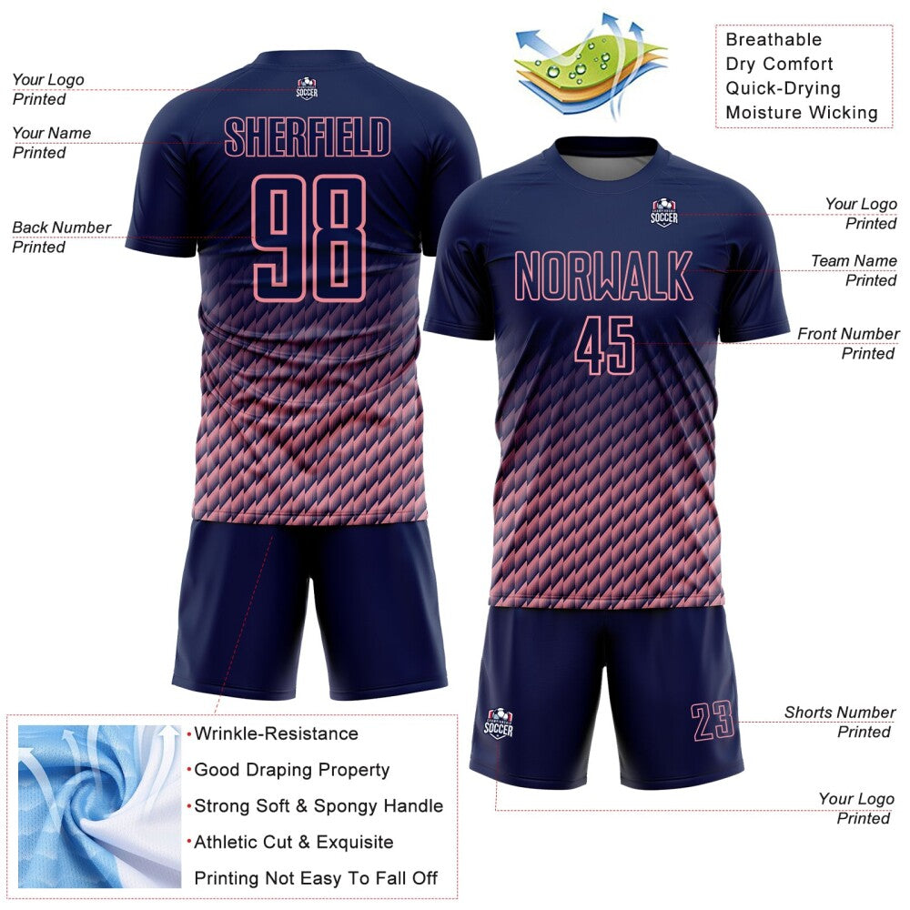 Custom Navy-Medium Pink Geometric Wave Gradient Sublimation Soccer Uniform Jersey