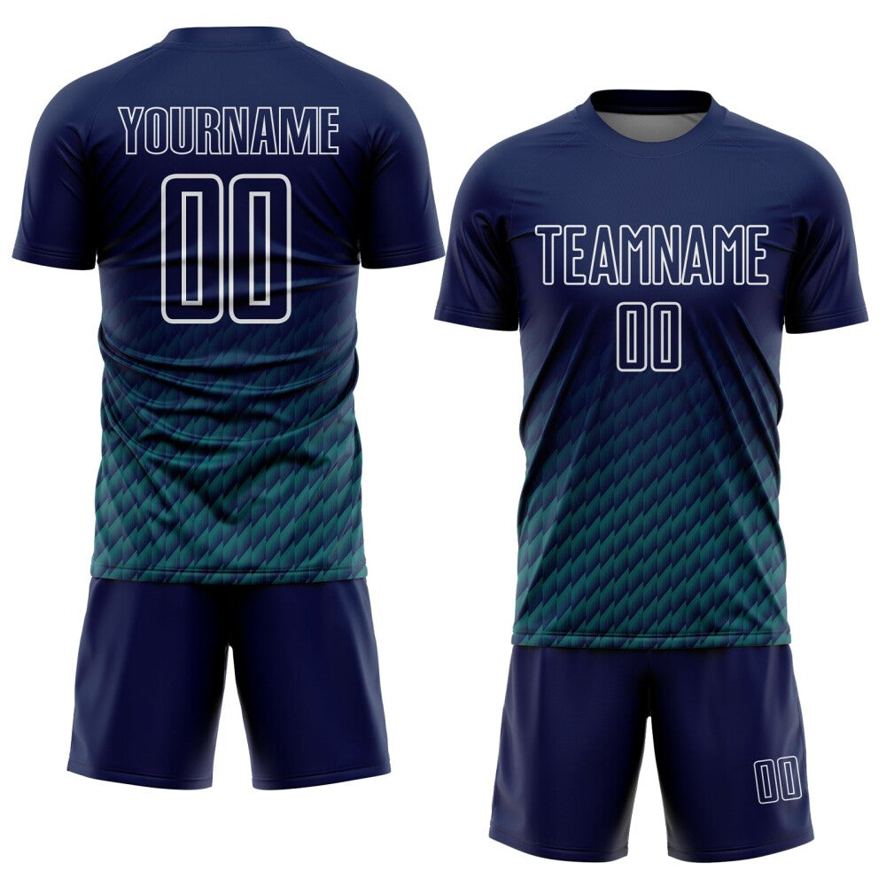 Custom Navy Teal-White Geometric Wave Gradient Sublimation Soccer Uniform Jersey