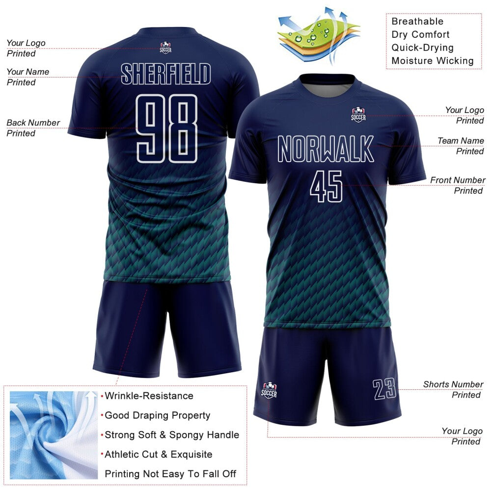 Custom Navy Teal-White Geometric Wave Gradient Sublimation Soccer Uniform Jersey