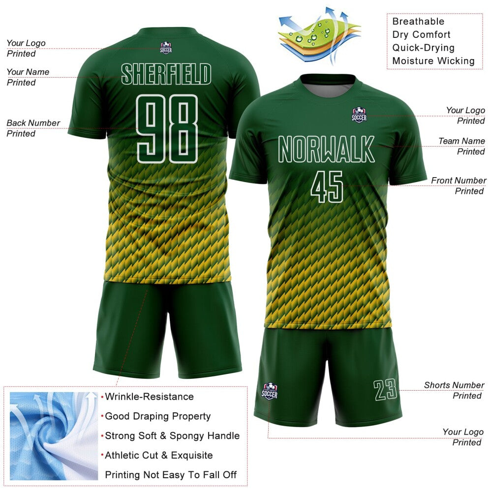 Custom Green Yellow-White Geometric Wave Gradient Sublimation Soccer Uniform Jersey