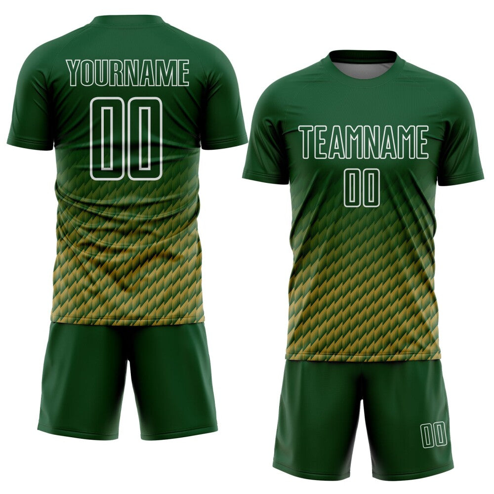 Custom Green Old Gold-White Geometric Wave Gradient Sublimation Soccer Uniform Jersey