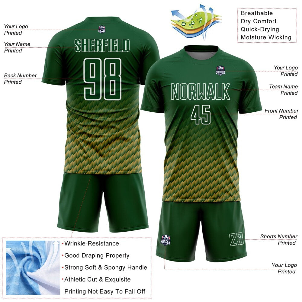 Custom Green Old Gold-White Geometric Wave Gradient Sublimation Soccer Uniform Jersey