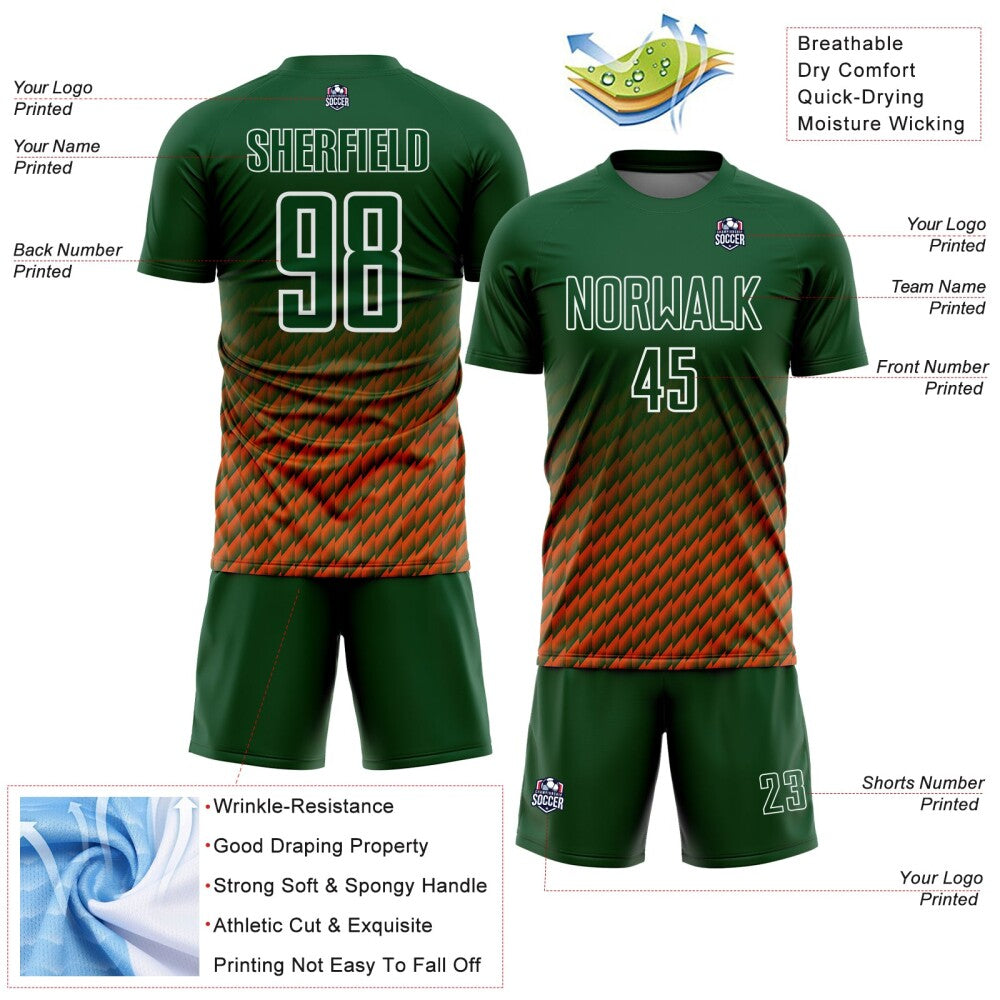 Custom Green Orange-White Geometric Wave Gradient Sublimation Soccer Uniform Jersey