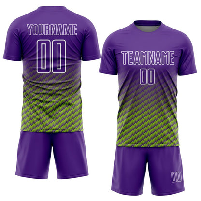 Custom Purple Neon Green-White Geometric Wave Gradient Sublimation Soccer Uniform Jersey