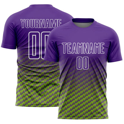 Custom Purple Neon Green-White Geometric Wave Gradient Sublimation Soccer Uniform Jersey