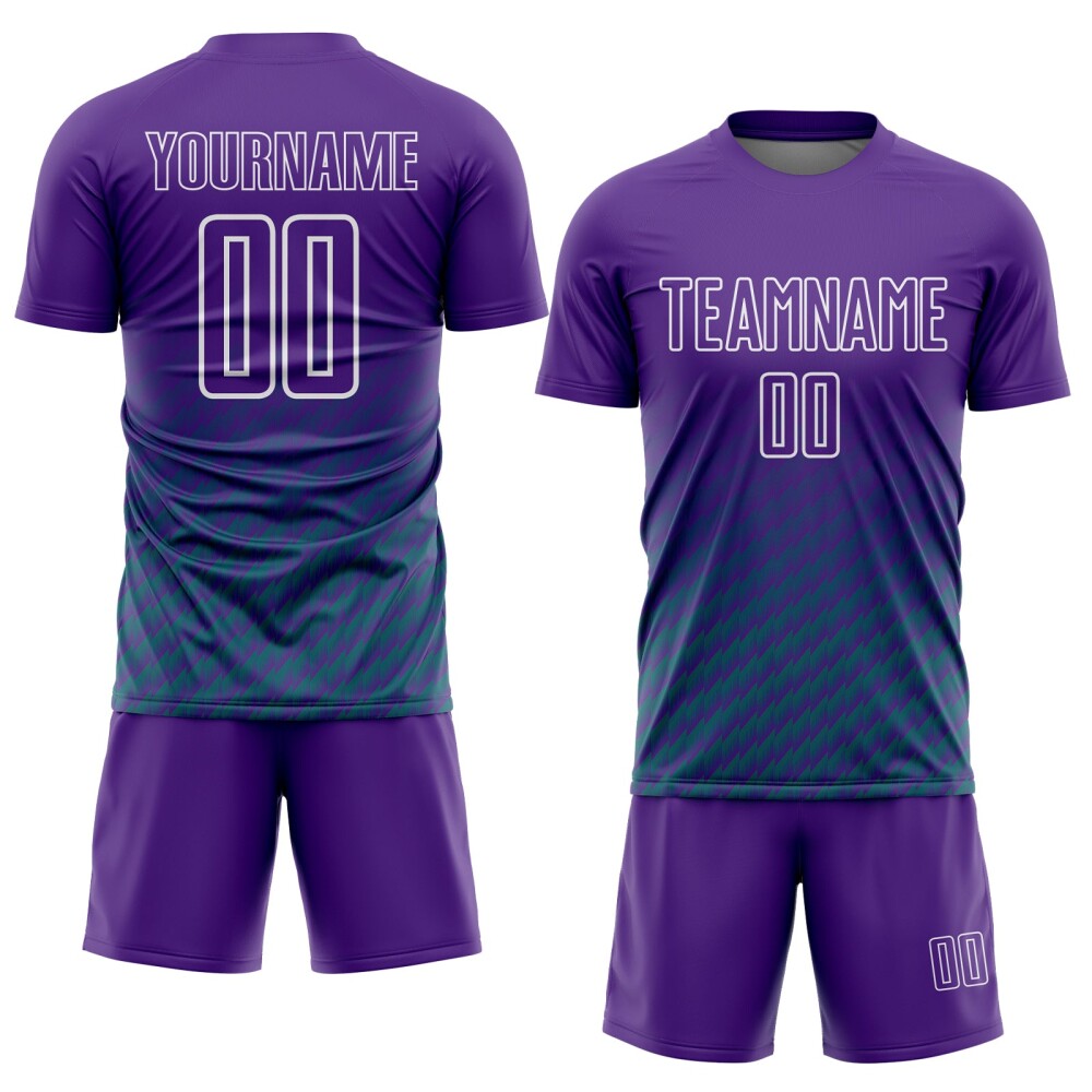 Custom Purple Teal-White Geometric Wave Gradient Sublimation Soccer Uniform Jersey
