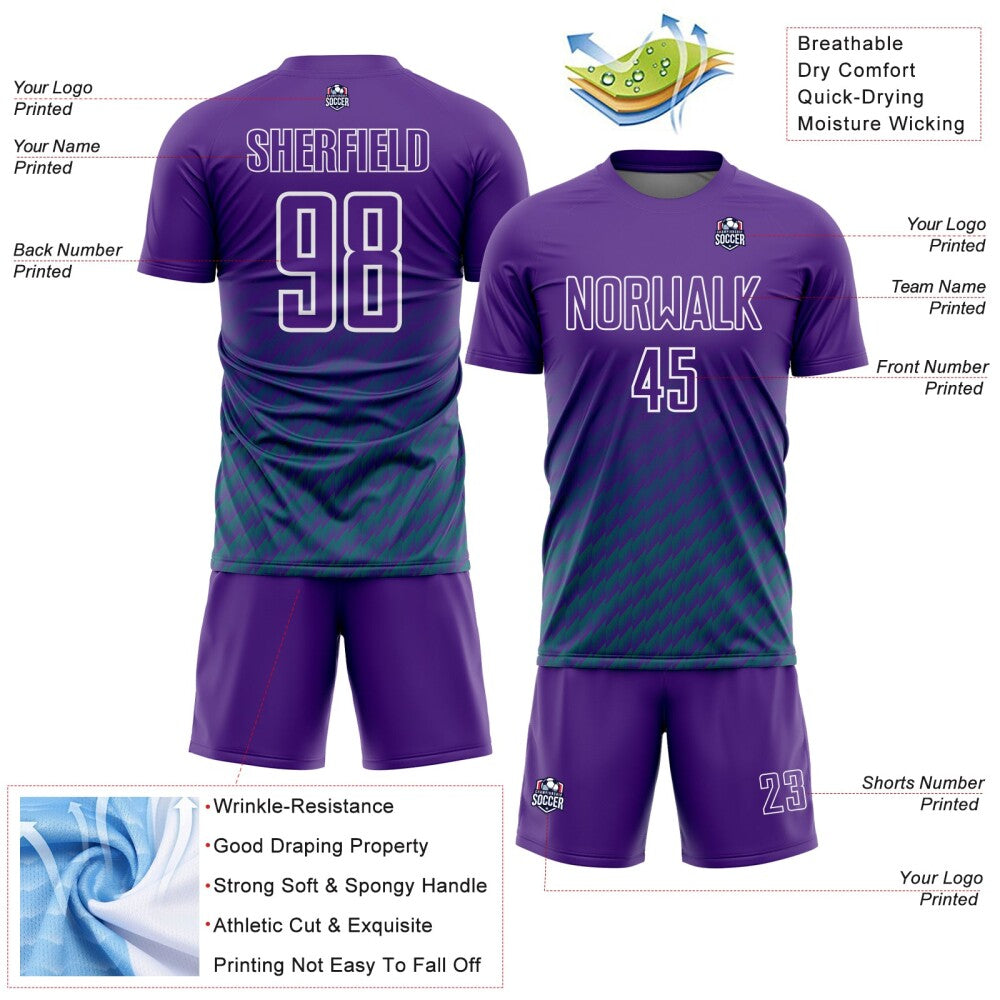 Custom Purple Teal-White Geometric Wave Gradient Sublimation Soccer Uniform Jersey