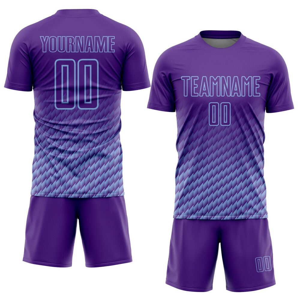 Custom Purple-Light Blue Geometric Wave Gradient Sublimation Soccer Uniform Jersey