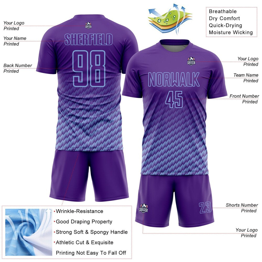Custom Purple-Light Blue Geometric Wave Gradient Sublimation Soccer Uniform Jersey