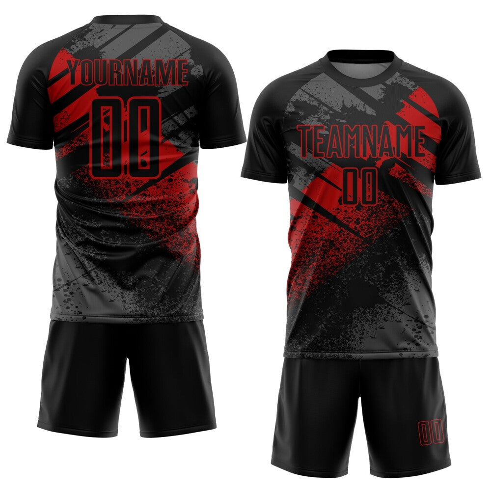 Custom Black-Red Grunge Splatter Brush Stroke Sublimation Soccer Uniform Jersey