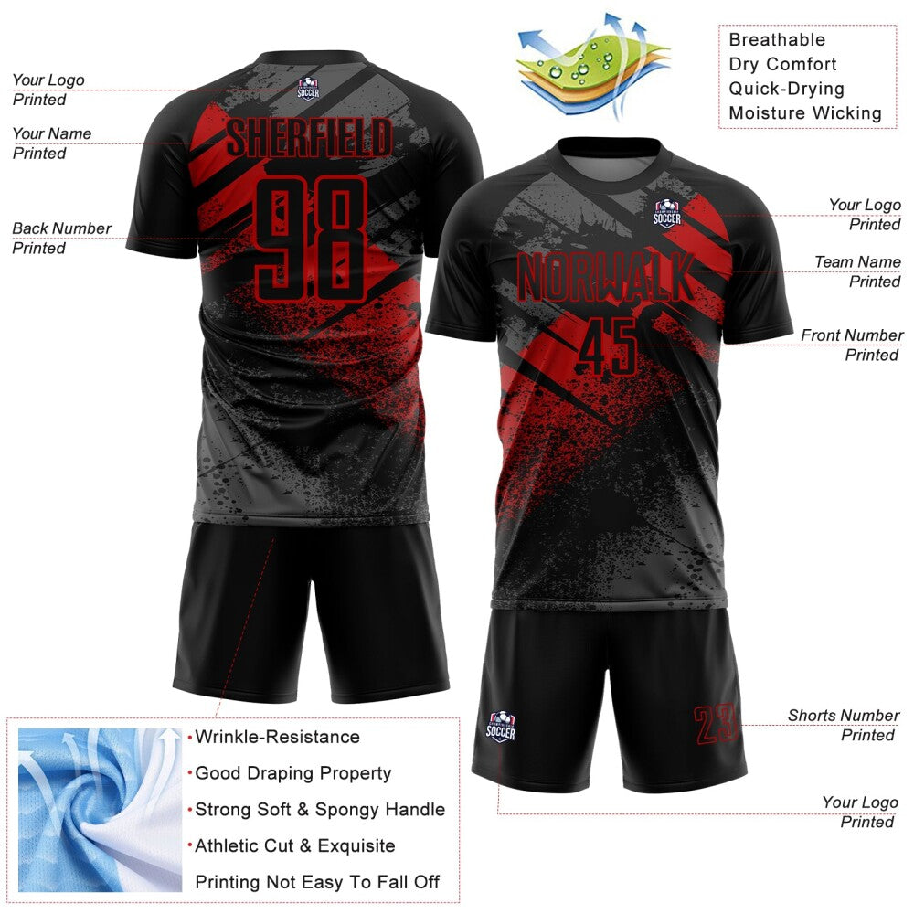 Custom Black-Red Grunge Splatter Brush Stroke Sublimation Soccer Uniform Jersey