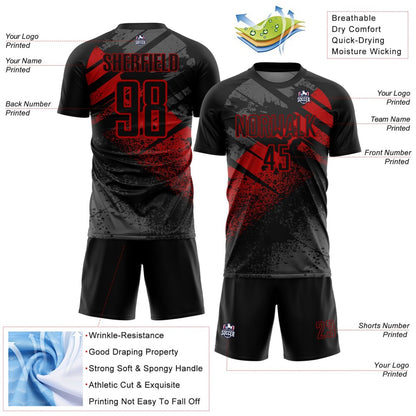 Custom Black-Red Grunge Splatter Brush Stroke Sublimation Soccer Uniform Jersey