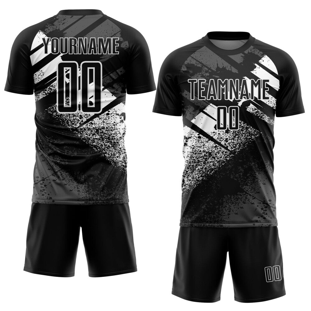 Custom Black-White Grunge Splatter Brush Stroke Sublimation Soccer Uniform Jersey