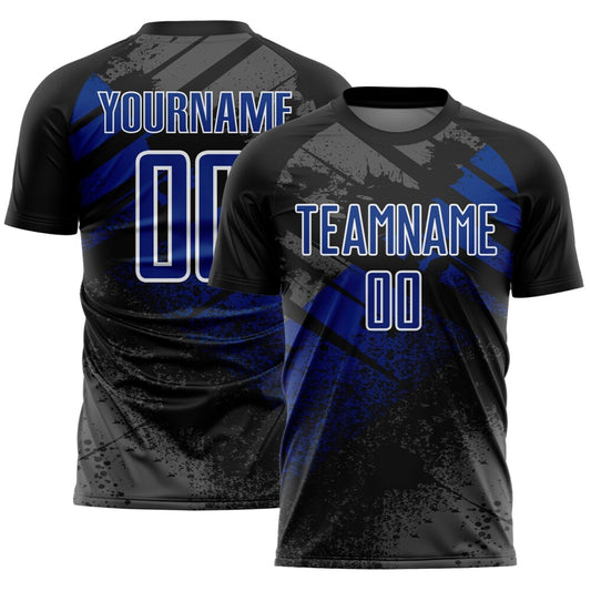 Custom Black Royal-White Grunge Splatter Brush Stroke Sublimation Soccer Uniform Jersey
