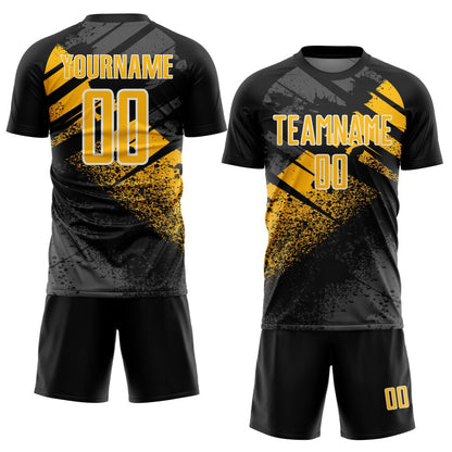 Custom Black Gold-White Grunge Splatter Brush Stroke Sublimation Soccer Uniform Jersey