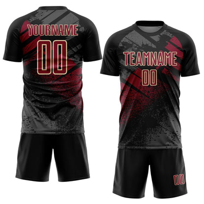 Custom Black Crimson-Cream Grunge Splatter Brush Stroke Sublimation Soccer Uniform Jersey