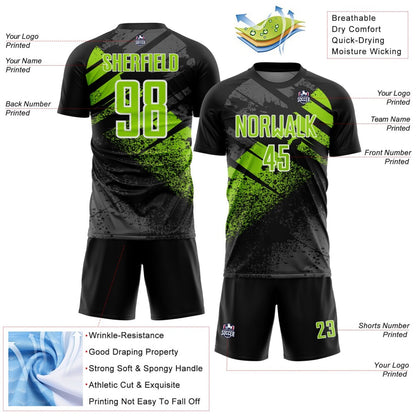 Custom Black Neon Green-White Grunge Splatter Brush Stroke Sublimation Soccer Uniform Jersey