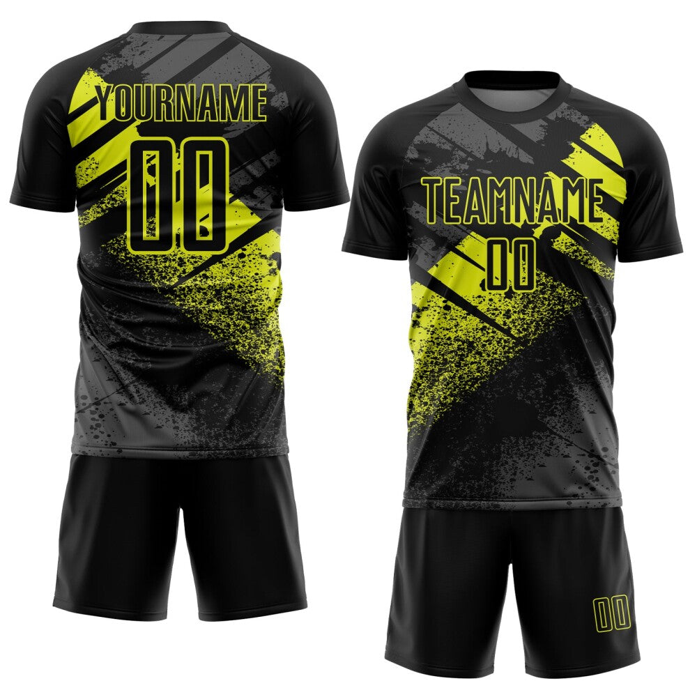 Custom Black-Neon Yellow Grunge Splatter Brush Stroke Sublimation Soccer Uniform Jersey