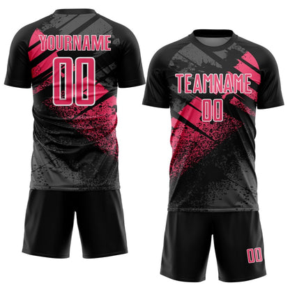 Custom Black Neon Pink-White Grunge Splatter Brush Stroke Sublimation Soccer Uniform Jersey