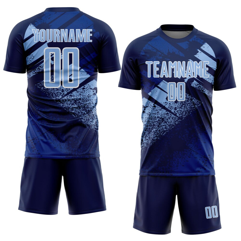 Custom Navy Light Blue-White Grunge Splatter Brush Stroke Sublimation Soccer Uniform Jersey