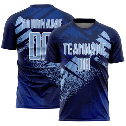 Custom Navy Light Blue-White Grunge Splatter Brush Stroke Sublimation Soccer Uniform Jersey
