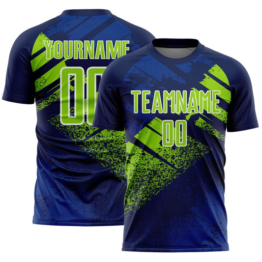 Custom Navy Neon Green-White Grunge Splatter Brush Stroke Sublimation Soccer Uniform Jersey