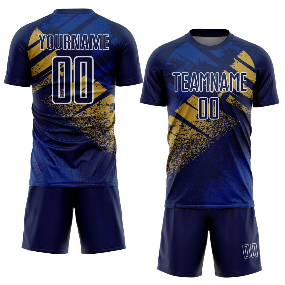 Custom Navy Old Gold-White Grunge Splatter Brush Stroke Sublimation Soccer Uniform Jersey