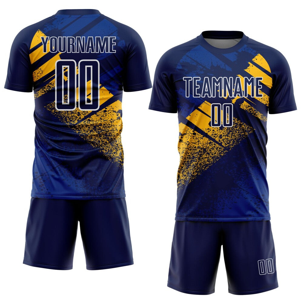 Custom Navy Gold-White Grunge Splatter Brush Stroke Sublimation Soccer Uniform Jersey