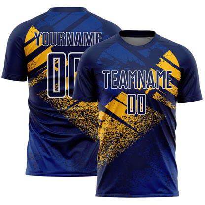Custom Navy Gold-White Grunge Splatter Brush Stroke Sublimation Soccer Uniform Jersey