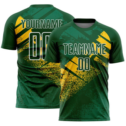 Custom Green Yellow-White Grunge Splatter Brush Stroke Sublimation Soccer Uniform Jersey