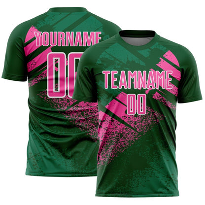 Custom Green Pink-White Grunge Splatter Brush Stroke Sublimation Soccer Uniform Jersey