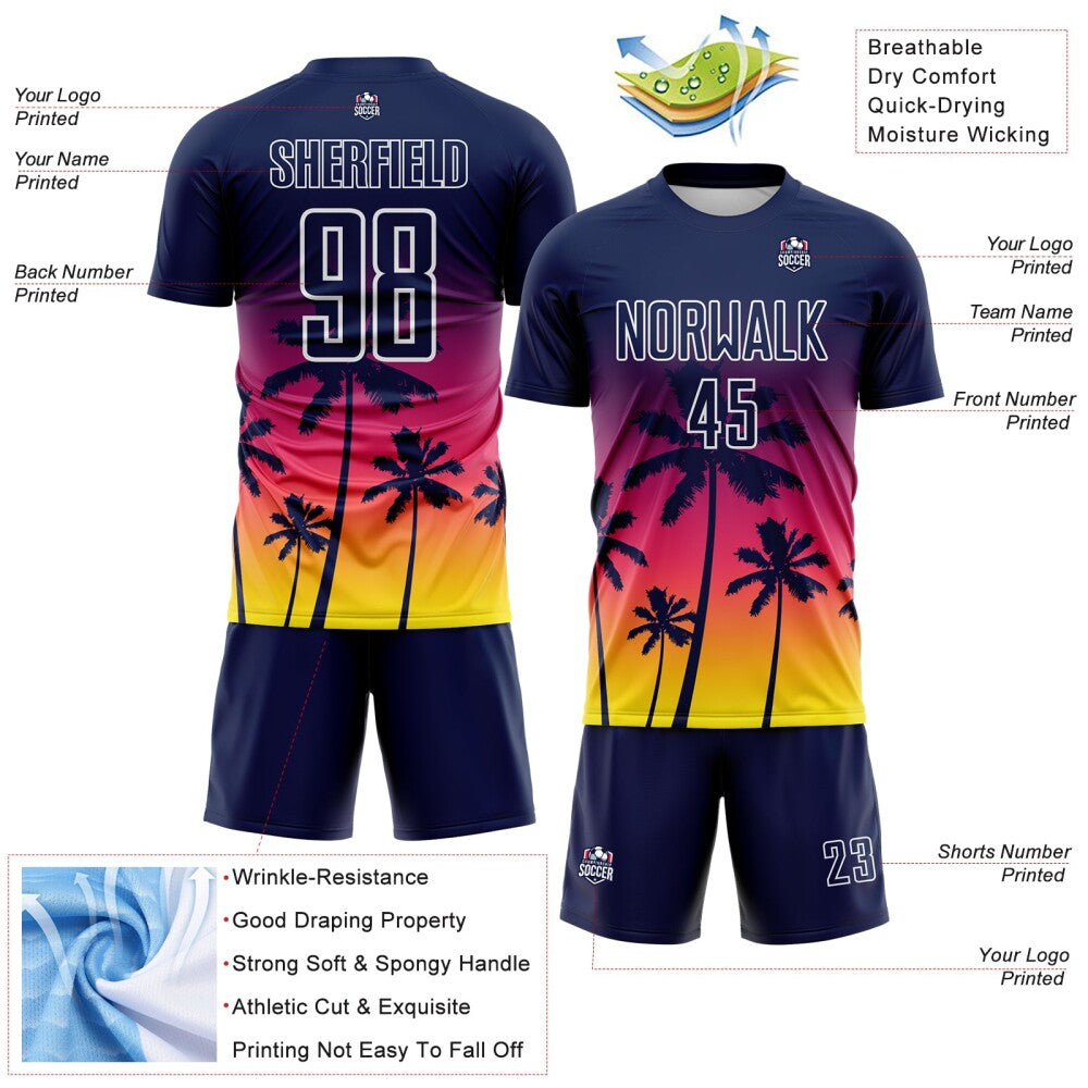 Custom Navy Neon Pink Light Yellow-White Tropical Hawaii Palm Trees Gradient Sublimation Soccer Uniform Jersey