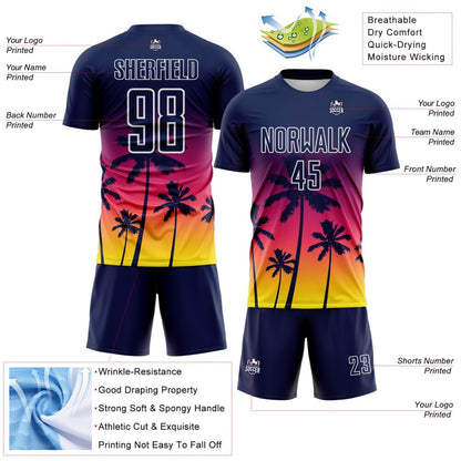 Custom Navy Neon Pink Light Yellow-White Tropical Hawaii Palm Trees Gradient Sublimation Soccer Uniform Jersey