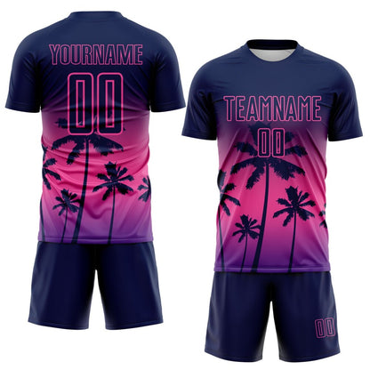 Custom Navy Pink-Purple Tropical Hawaii Palm Trees Gradient Sublimation Soccer Uniform Jersey