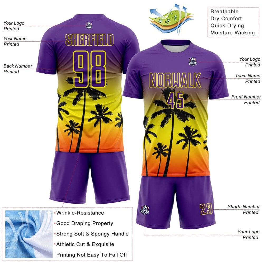 Custom Purple Light Yellow-Orange Tropical Hawaii Palm Trees Gradient Sublimation Soccer Uniform Jersey