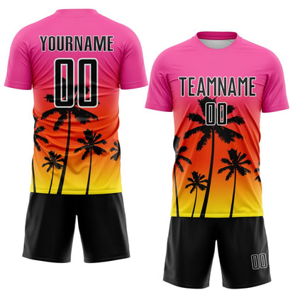 Custom Pink Black Orange Light Yellow-White Tropical Hawaii Palm Trees Gradient Sublimation Soccer Uniform Jersey