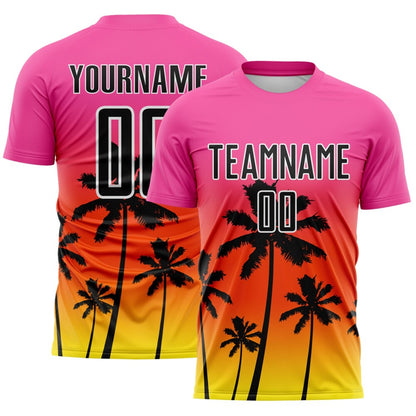 Custom Pink Black Orange Light Yellow-White Tropical Hawaii Palm Trees Gradient Sublimation Soccer Uniform Jersey