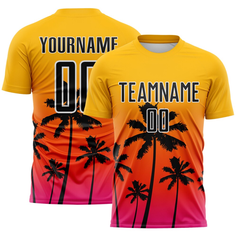 Custom Gold Black Orange Hot Pink-White Tropical Hawaii Palm Trees Gradient Sublimation Soccer Uniform Jersey